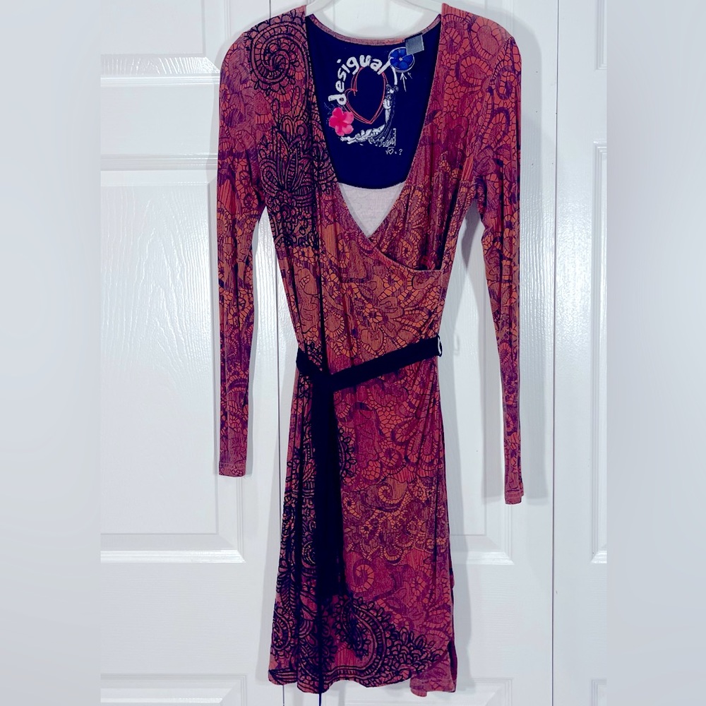 Desigual Faux Wrap Dress embossed flowers (S)